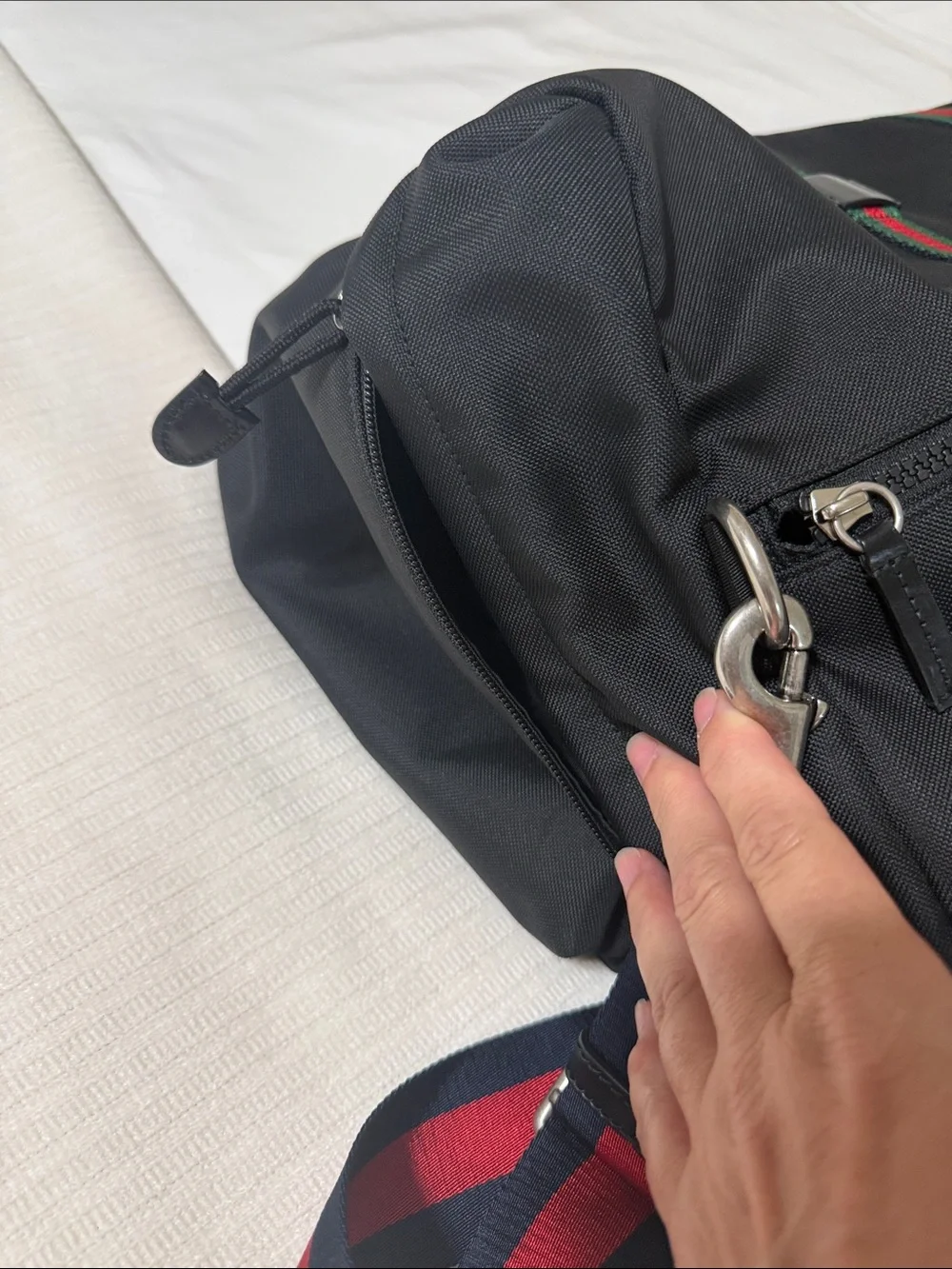 Gucci Black Duffel with Red & Green Web Straps